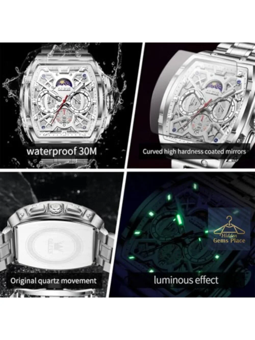 Men's Square Watch Chronograph Date Moon Phase Luminous Hands Stainless Steel